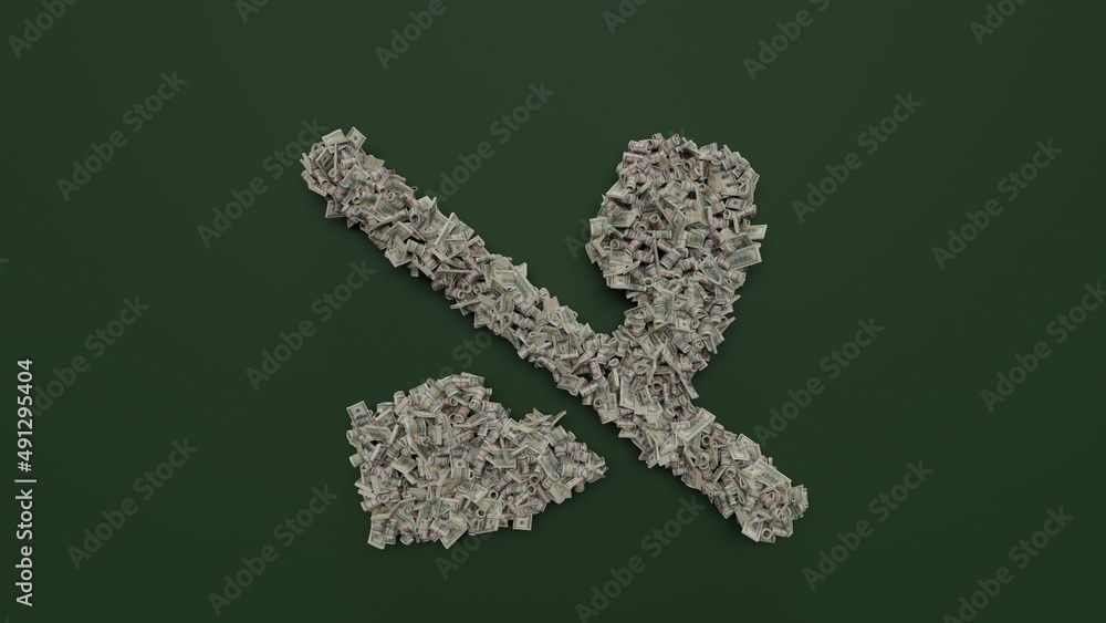 Poster 3d rendering of dollar cash rolls and stacks in shape of symbol of phone slash on green background
