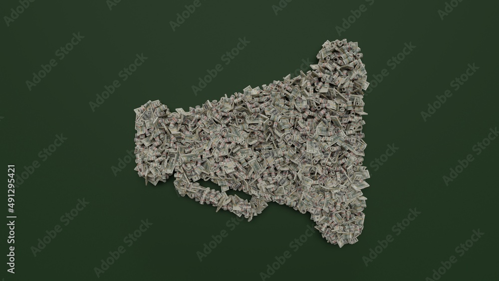 Poster 3d rendering of dollar cash rolls and stacks in shape of symbol of megaphone on green background