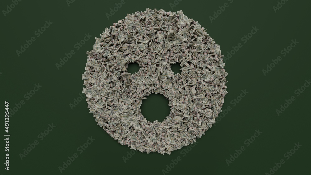 Poster 3d rendering of dollar cash rolls and stacks in shape of symbol of surprise on green background