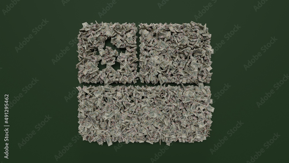 Poster 3d rendering of dollar cash rolls and stacks in shape of symbol of chile on green background