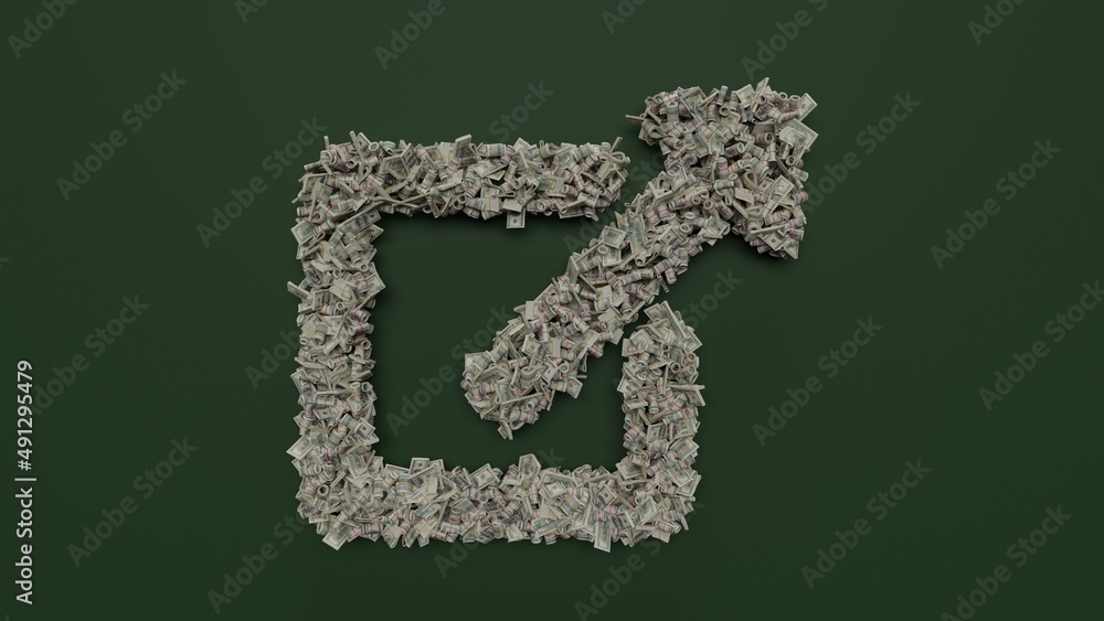 Poster 3d rendering of dollar cash rolls and stacks in shape of symbol of external link on green background