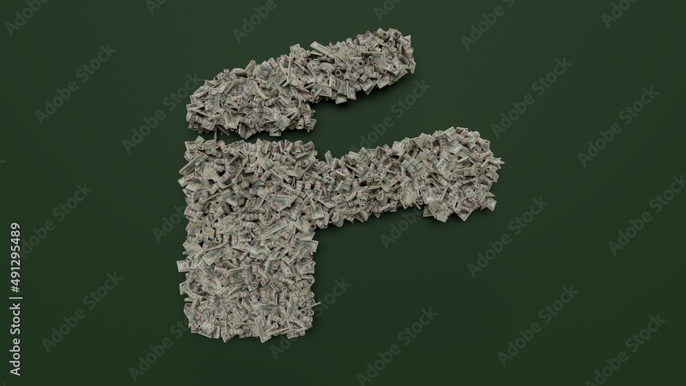 Poster 3d rendering of dollar cash rolls and stacks in shape of symbol of tap on green background
