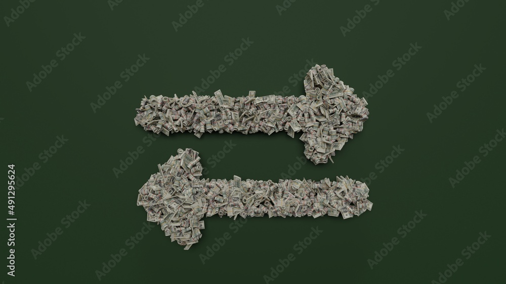 Poster 3d rendering of dollar cash rolls and stacks in shape of symbol of exchange alt on green background