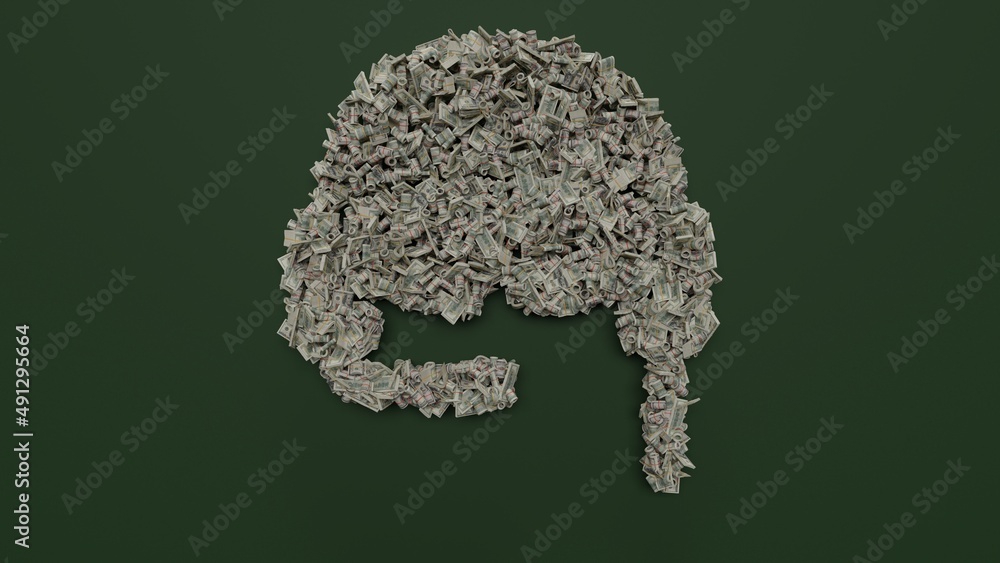 Poster 3d rendering of dollar cash rolls and stacks in shape of symbol of pilot on green background
