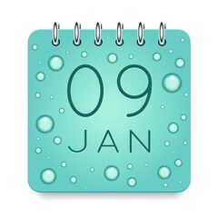 09 day of month. January. Calendar daily icon. Date day week Sunday, Monday, Tuesday, Wednesday, Thursday, Friday, Saturday. Dark Blue text. Cut paper. Water drop dew raindrops. Vector illustration.