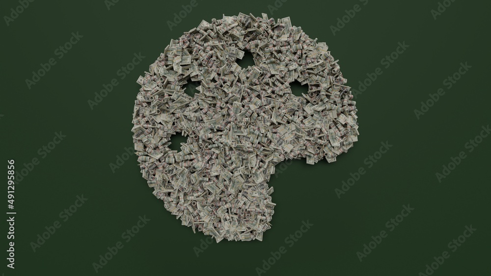 Poster 3d rendering of dollar cash rolls and stacks in shape of symbol of palette on green background