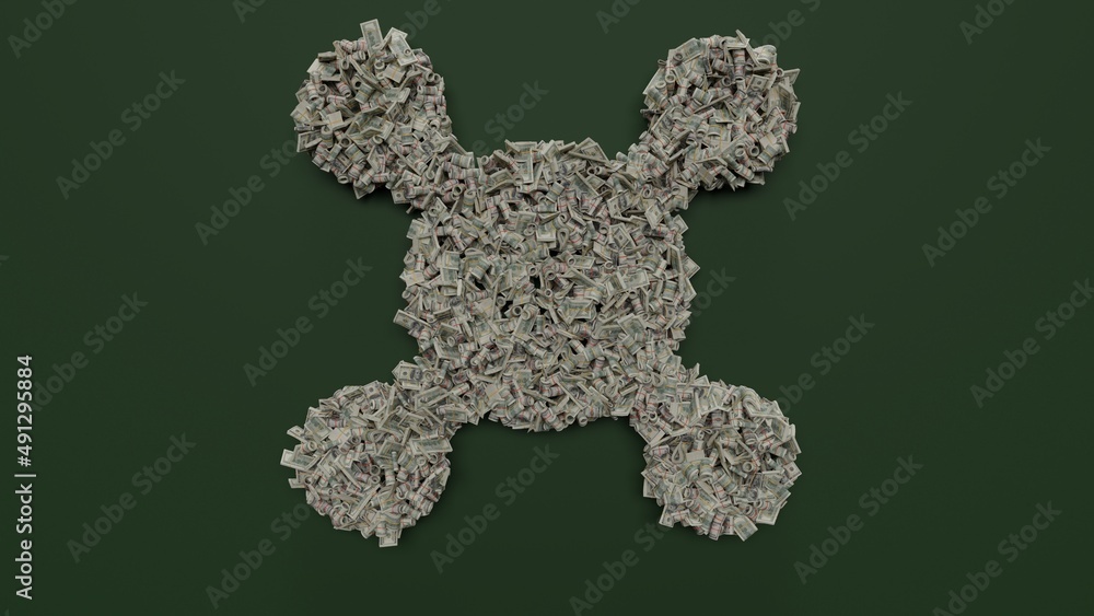 Poster 3d rendering of dollar cash rolls and stacks in shape of symbol of sulfate on green background