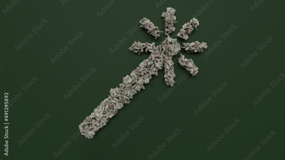 Poster 3d rendering of dollar cash rolls and stacks in shape of symbol of magic wand on green background