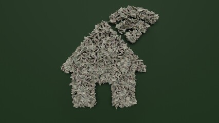 3d rendering of dollar cash rolls and stacks in shape of symbol of house wi-fi on green background