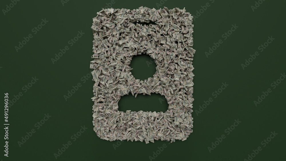 Poster 3d rendering of dollar cash rolls and stacks in shape of symbol of id badge on green background