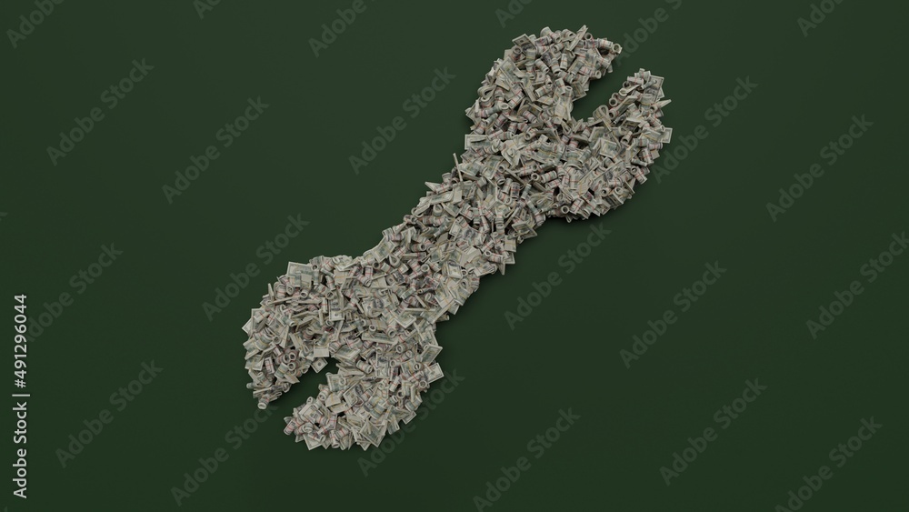 Poster 3d rendering of dollar cash rolls and stacks in shape of symbol of wrench on green background