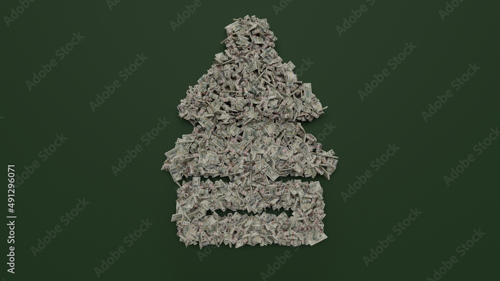 Poster 3d rendering of dollar cash rolls and stacks in shape of symbol of air freshener on green background