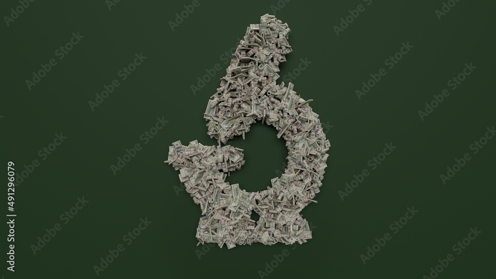 Poster 3d rendering of dollar cash rolls and stacks in shape of symbol of vintage microscope on green backg