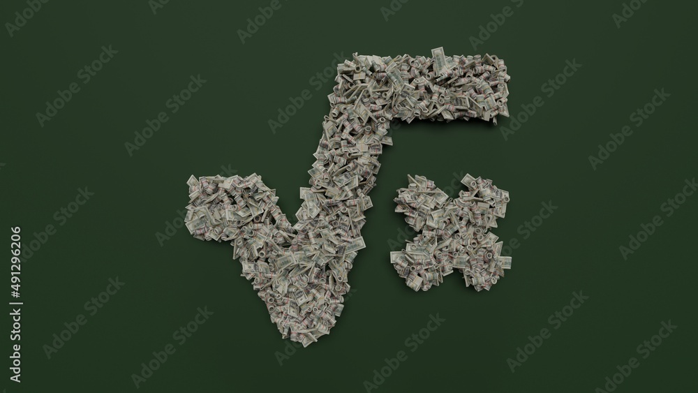 Aufkleber 3d rendering of dollar cash rolls and stacks in shape of symbol of square root on green background