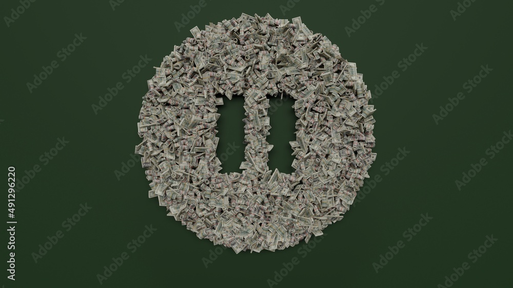 Poster 3d rendering of dollar cash rolls and stacks in shape of symbol of pause circle on green background