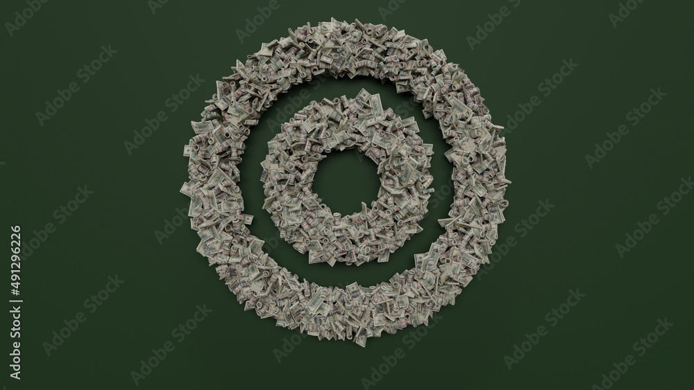 Poster 3d rendering of dollar cash rolls and stacks in shape of symbol of bullseye on green background