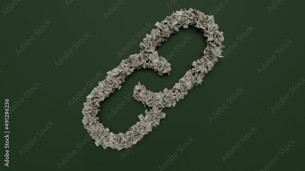 Poster 3d rendering of dollar cash rolls and stacks in shape of symbol of unlink on green background
