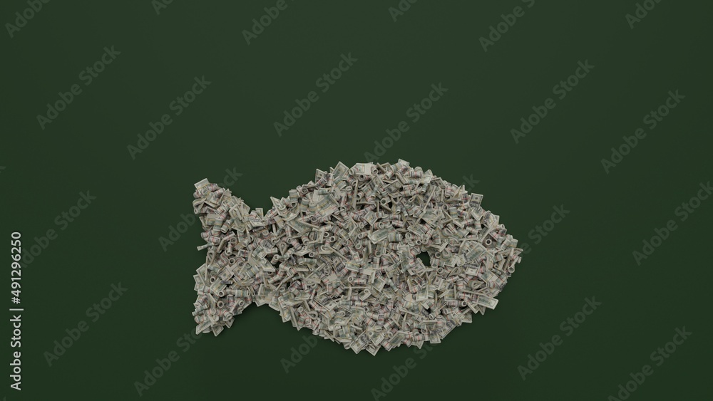 Poster 3d rendering of dollar cash rolls and stacks in shape of symbol of fish on green background