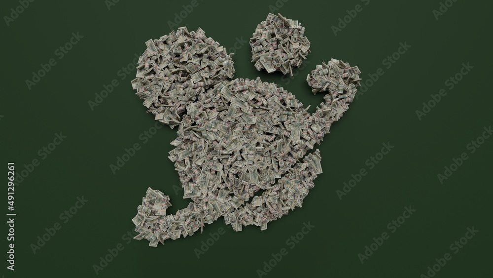 Poster 3d rendering of dollar cash rolls and stacks in shape of symbol of solar system on green background