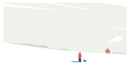 Vector illustration of minimal winter background.A small village in snow mountain.People enjoy winter. 