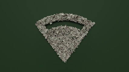 3d rendering of dollar cash rolls and stacks in shape of symbol of connection on green background