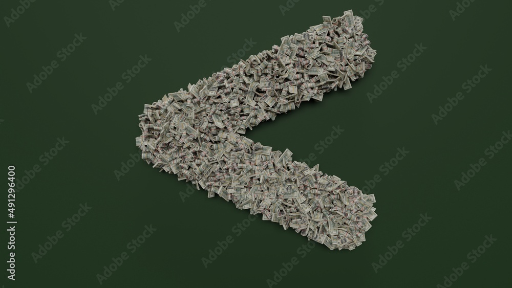 Aufkleber 3d rendering of dollar cash rolls and stacks in shape of symbol of less than on green background