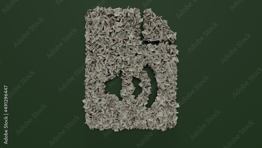 Poster 3d rendering of dollar cash rolls and stacks in shape of symbol of file audio on green background