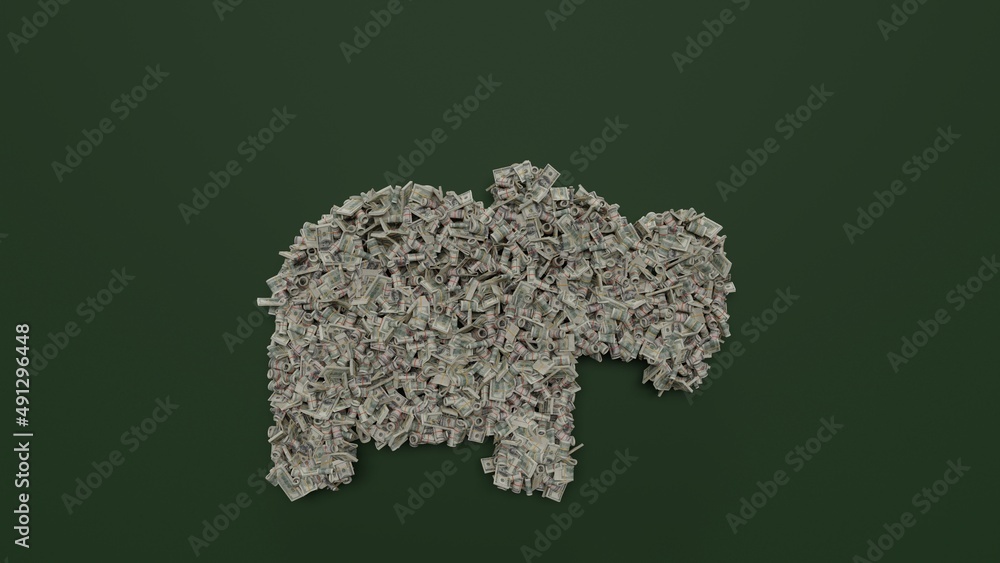 Poster 3d rendering of dollar cash rolls and stacks in shape of symbol of hippo on green background