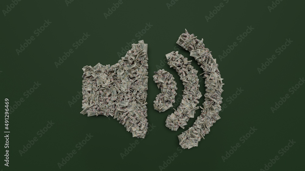 Poster 3d rendering of dollar cash rolls and stacks in shape of symbol of volume up on green background