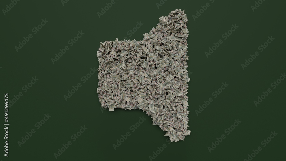 Poster 3d rendering of dollar cash rolls and stacks in shape of symbol of volume off on green background