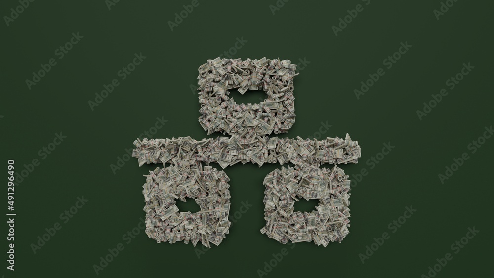 Poster 3d rendering of dollar cash rolls and stacks in shape of symbol of network wired on green background