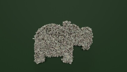 3d rendering of dollar cash rolls and stacks in shape of symbol of hippo on green background