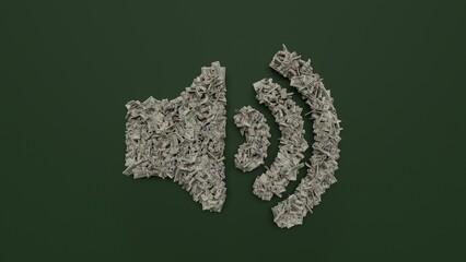 3d rendering of dollar cash rolls and stacks in shape of symbol of volume up on green background