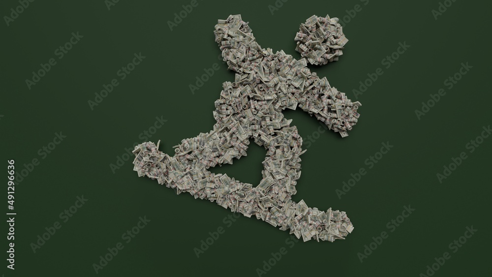 Poster 3d rendering of dollar cash rolls and stacks in shape of symbol of snowboarding on green background