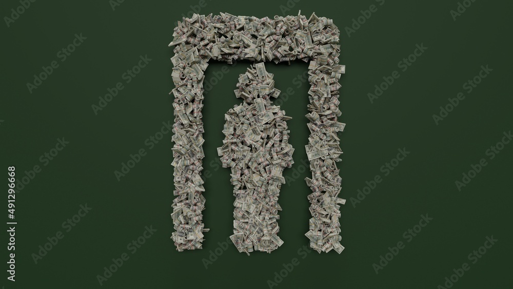 Poster 3d rendering of dollar cash rolls and stacks in shape of symbol of frame metal detector on green bac