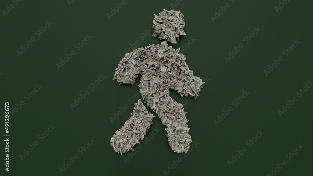 Poster 3d rendering of dollar cash rolls and stacks in shape of symbol of walking on green background