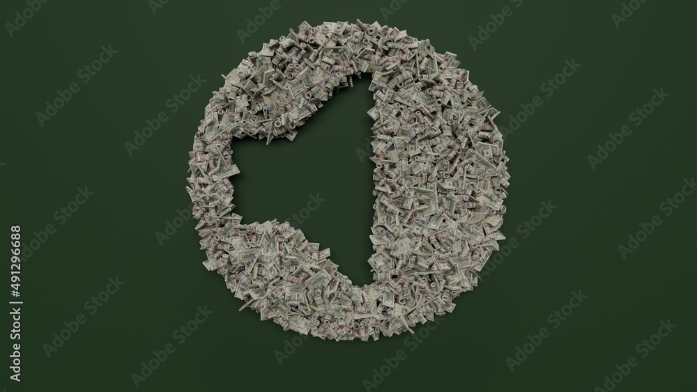 Poster 3d rendering of dollar cash rolls and stacks in shape of symbol of speaker on green background