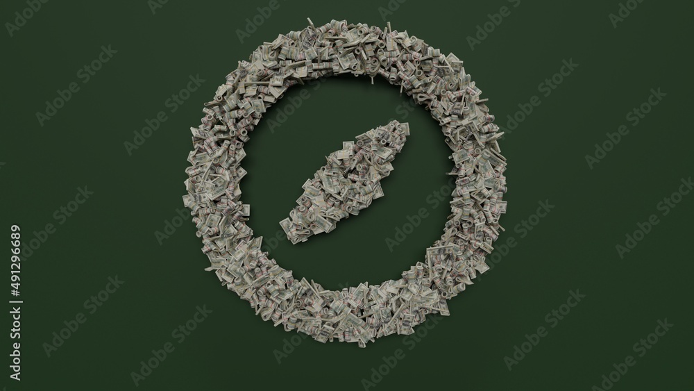 Poster 3d rendering of dollar cash rolls and stacks in shape of symbol of location on green background