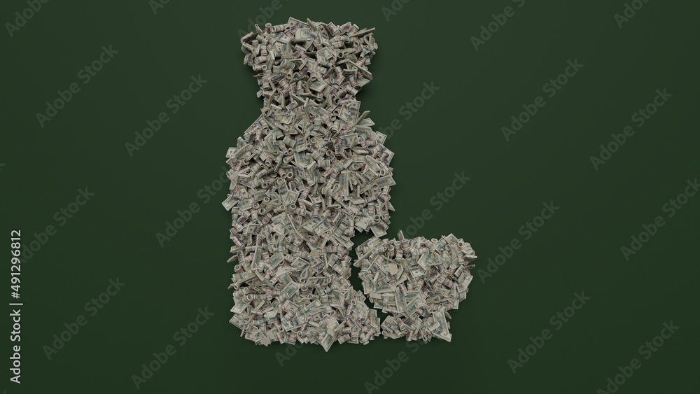 Poster 3d rendering of dollar cash rolls and stacks in shape of symbol of sake on green background