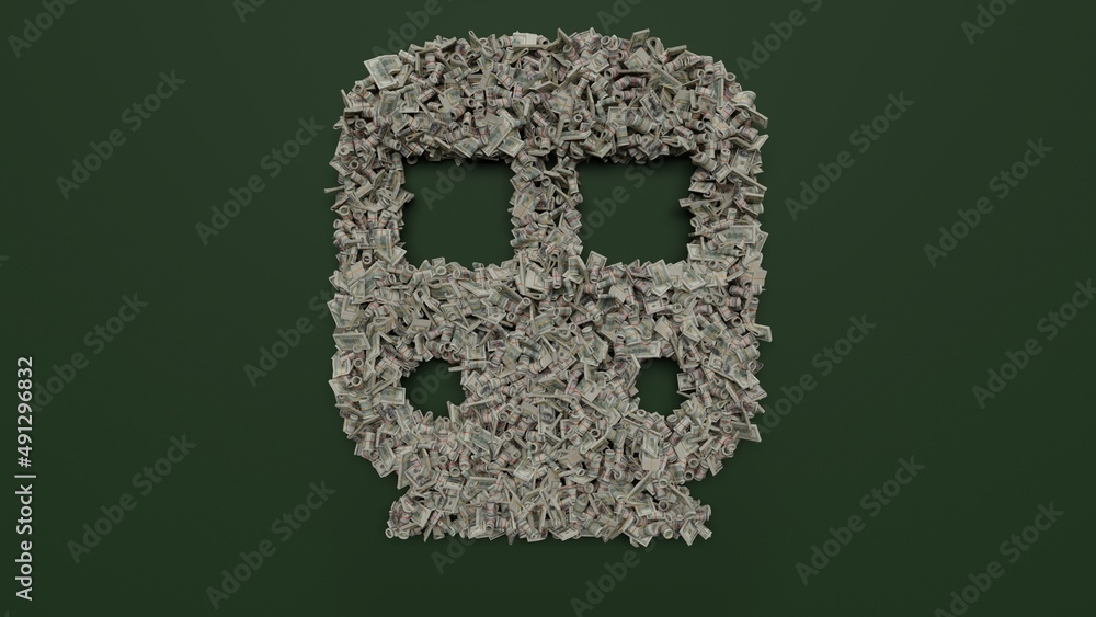Poster 3d rendering of dollar cash rolls and stacks in shape of symbol of public transport subway on green 