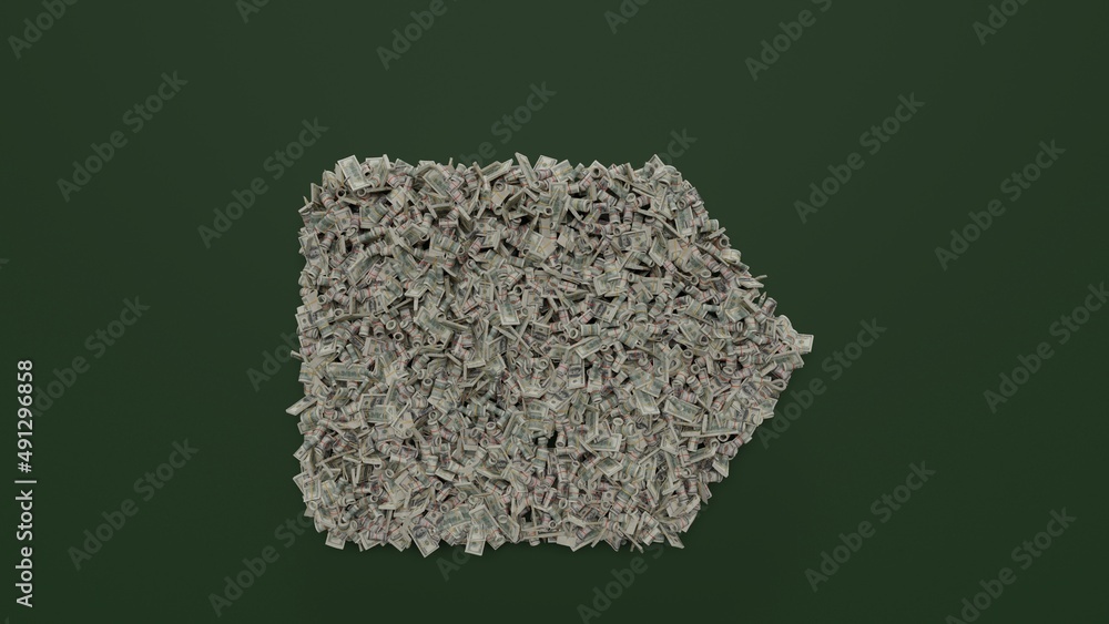 Poster 3d rendering of dollar cash rolls and stacks in shape of symbol of interface on green background