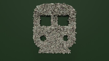 3d rendering of dollar cash rolls and stacks in shape of symbol of public transport subway on green background