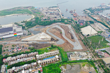 Aerial view of the Beautiful scenery of Jakarta Formula E Circuit. with Jakarta cityscape...