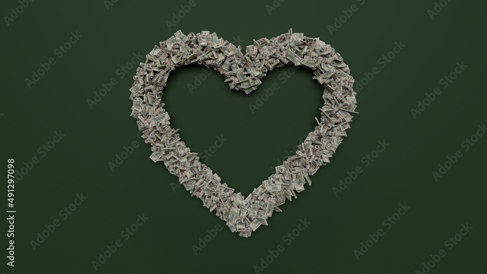 Poster 3d rendering of dollar cash rolls and stacks in shape of symbol of favorite on green background