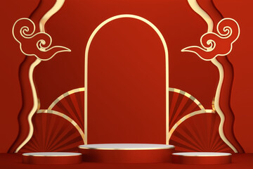 Red Podium, minimal .red geometric design.3D rendering