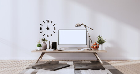 Mock up office table desk. blank computer screen in office modern room. 3d rendering