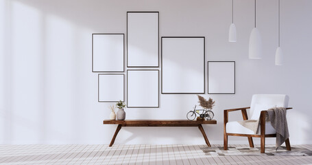 Mock up empty picture frame on the white wall of the room.3D rendering