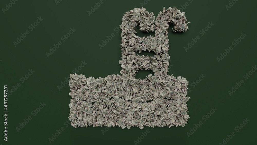 Poster 3d rendering of dollar cash rolls and stacks in shape of symbol of swimming pool on green background
