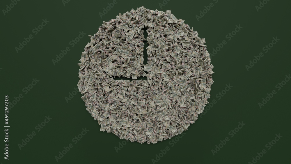 Poster 3d rendering of dollar cash rolls and stacks in shape of symbol of time on green background
