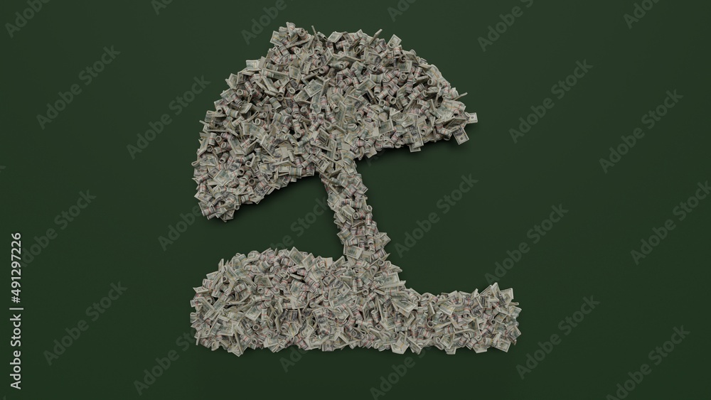 Poster 3d rendering of dollar cash rolls and stacks in shape of symbol of beach umbrella on green backgroun